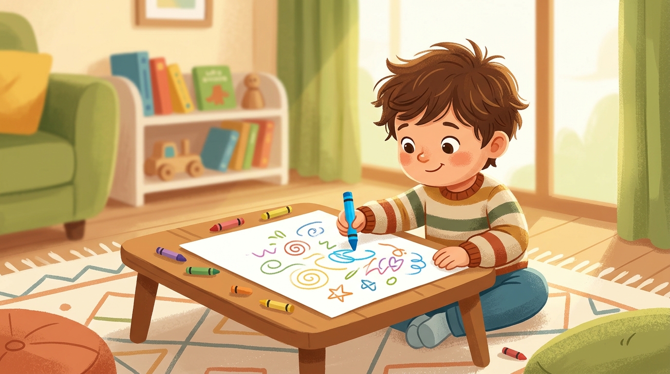Cartoon illustration of a parent and child at home doing Free Drawing Time.