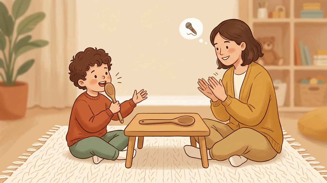 Cartoon illustration of a parent and child at home doing One Prop Two Jobs.