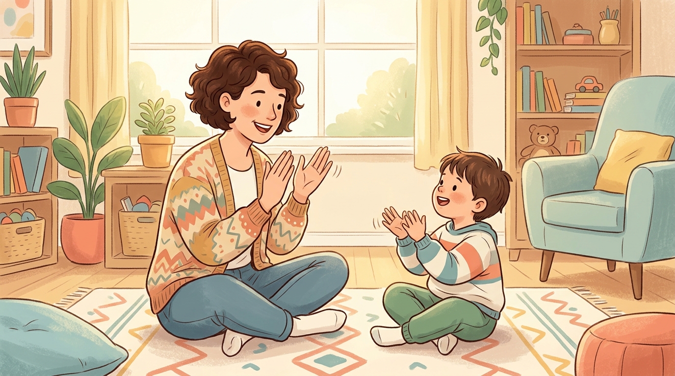Cartoon illustration of a parent and child at home: parent claps a short rhythm pattern and the child echoes it exactly.
