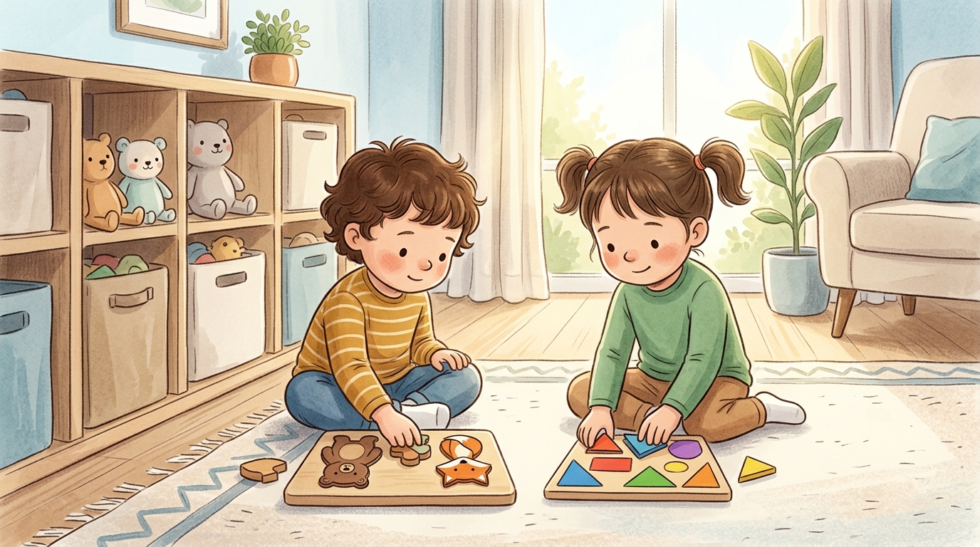 Cartoon illustration of a parent and child at home: set out age-appropriate puzzles for independent or side-by-side quiet engagement.