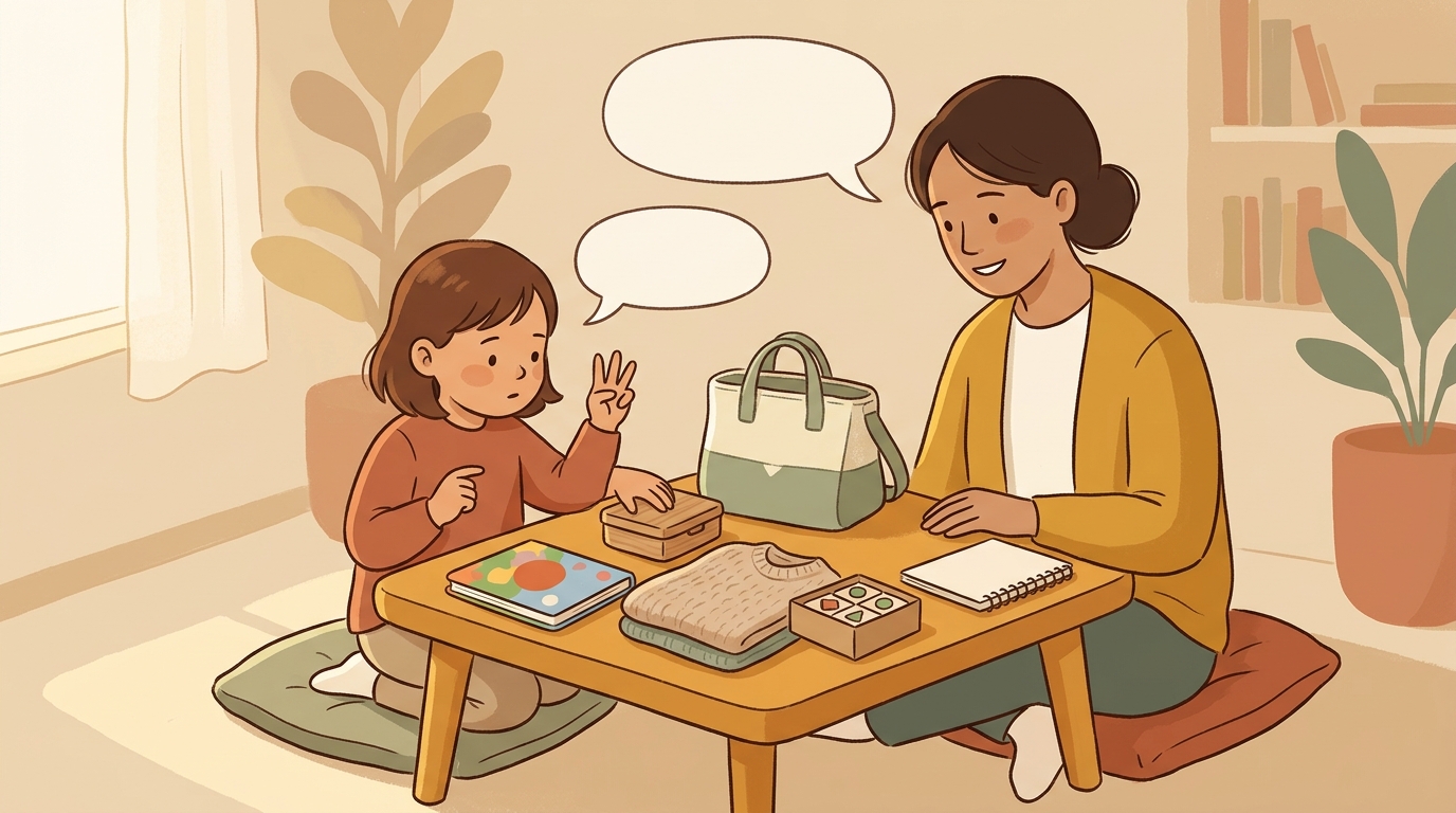 Cartoon illustration of a parent and child at home doing Choose Just Three.