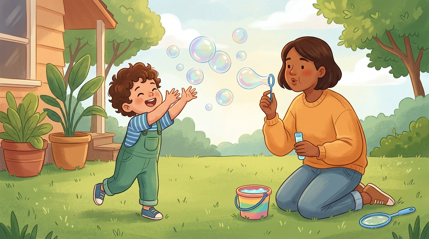 Cartoon illustration of a parent and child at home: blowing and chasing bubbles for active play.