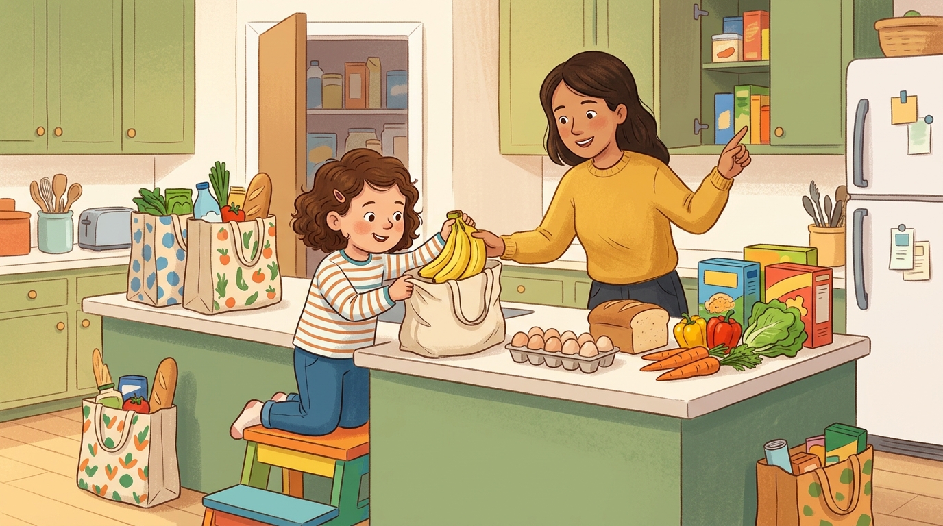 Cartoon illustration of a parent and child at home doing Help Unpack Groceries.