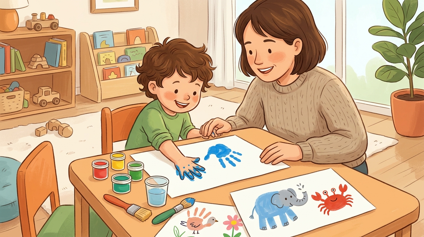 Cartoon illustration of a parent and child at home: paint child's palm with washable paint and press onto paper.