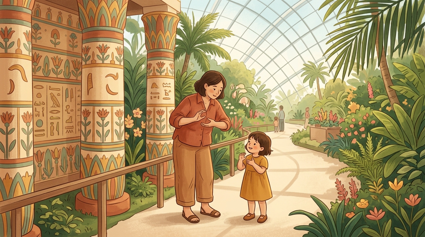 Cartoon illustration of a parent and child at Lilytopia in the Flower Dome doing Lilytopia Temple Pattern Echo.
