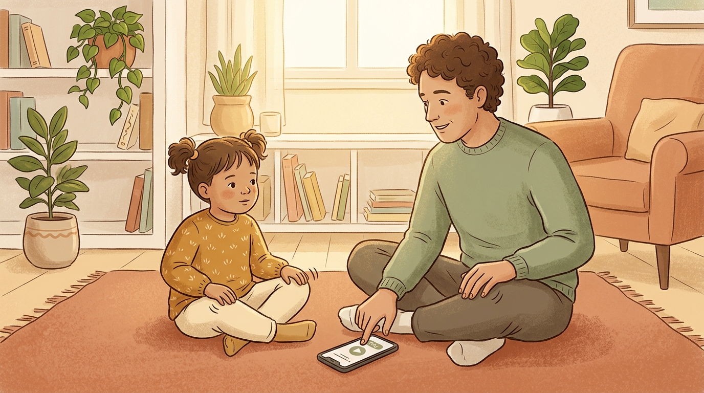 Cartoon illustration of a parent and child at home doing Time Pulse Build.