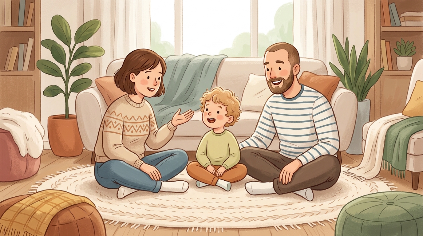 Cartoon illustration of a parent and child at home: each player adds one sentence to a group story, building a wild collaborative tale.