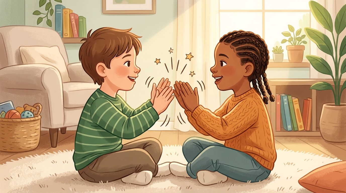 Cartoon illustration of a parent and child at home doing Partner Clapping Rhymes.