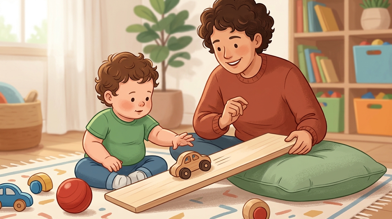 Cartoon illustration of a parent and child at home doing Ramp Roll Test.