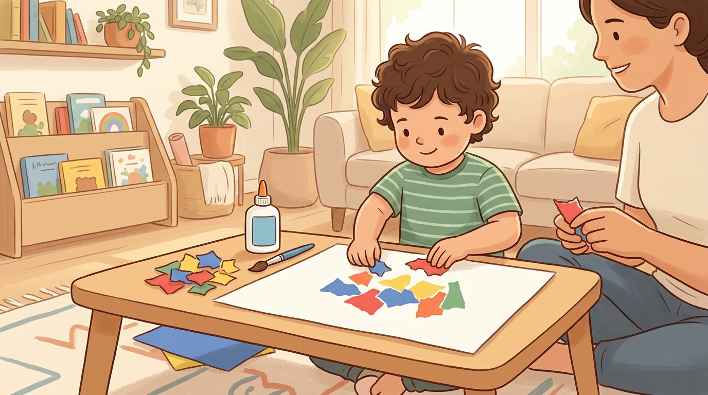 Cartoon illustration of a parent and child at home doing Paper Tearing Collage.