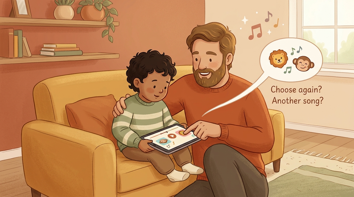 Cartoon illustration of a parent and child at home doing Meet The Farm Song.