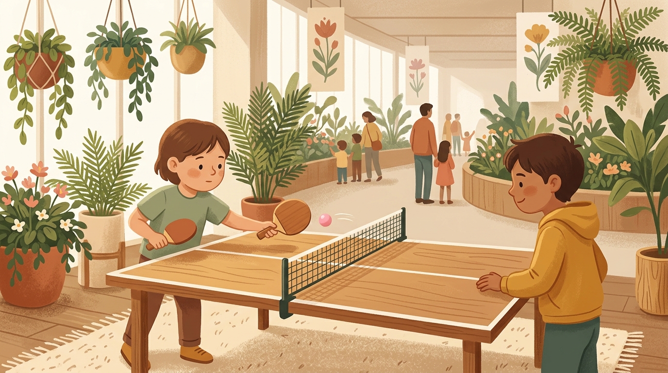 Cartoon illustration of a parent and child at home doing Beat Our Rally.
