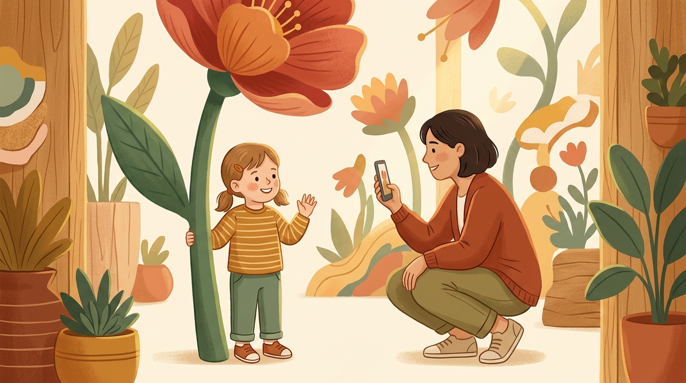 Cartoon illustration of a parent and child at home doing Flower Taller Than Me.