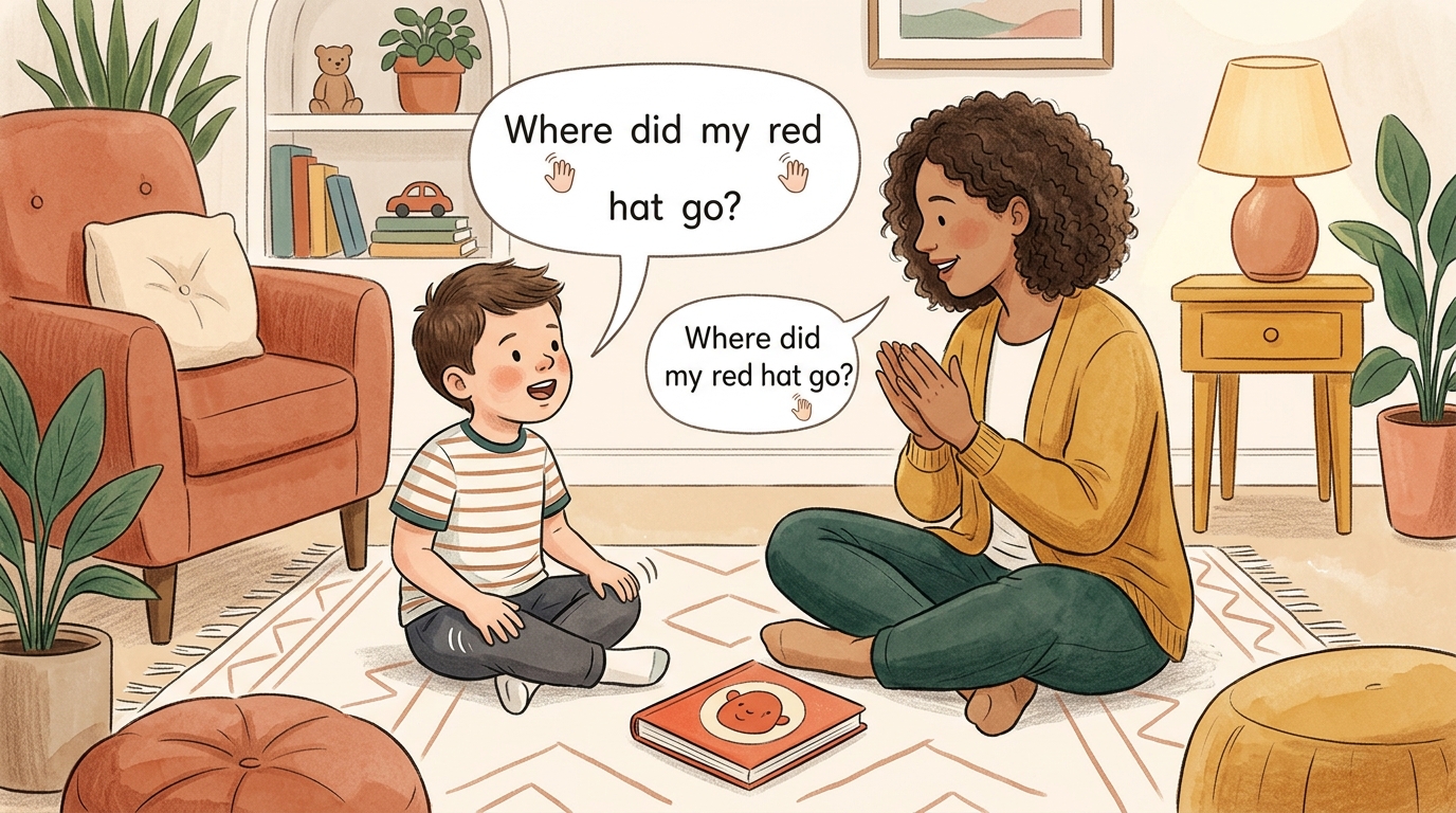 Cartoon illustration of a parent and child at home doing Words To Rhythm.