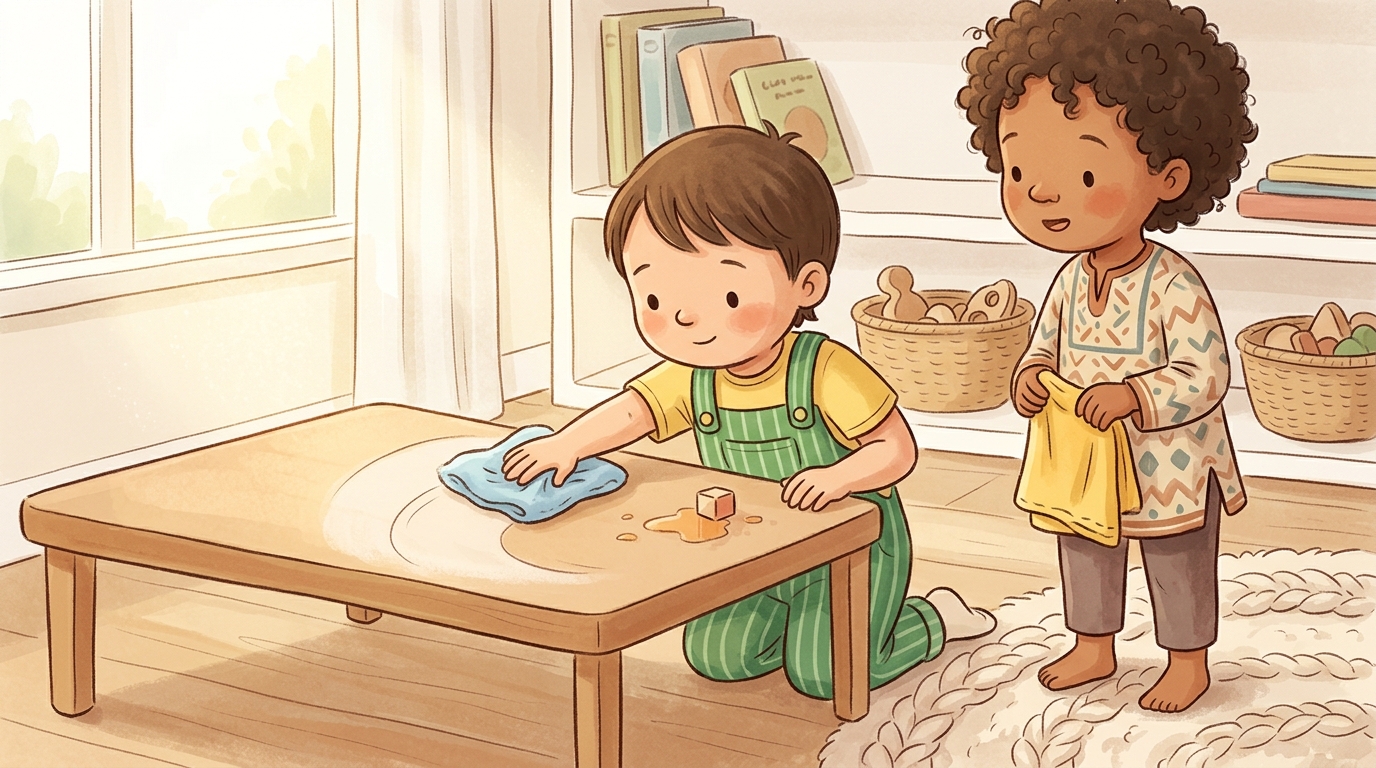 Cartoon illustration of a parent and child at home doing Surface Wipe Helper.