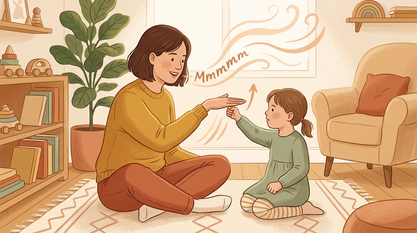 Cartoon illustration of a parent and child at home doing High Low Hand Slide.