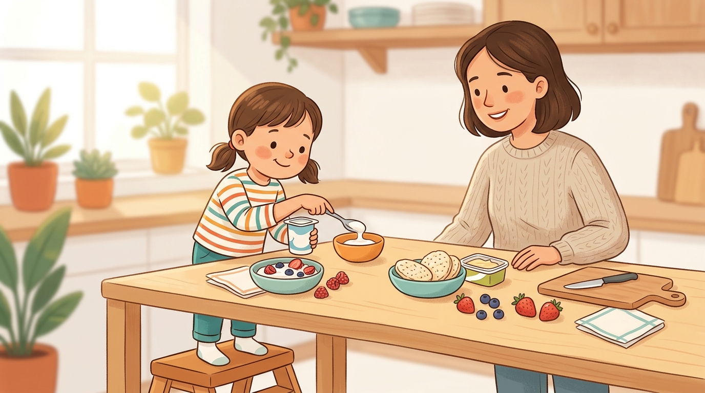 Cartoon illustration of a parent and child at home doing Child-Chosen Snack Recipe.