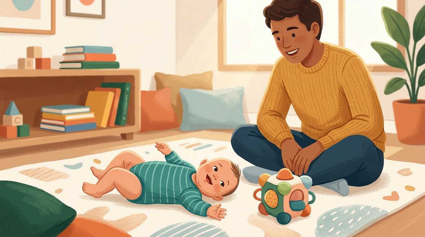 Cartoon illustration of a parent and child at home doing Roll Toward Invitation.