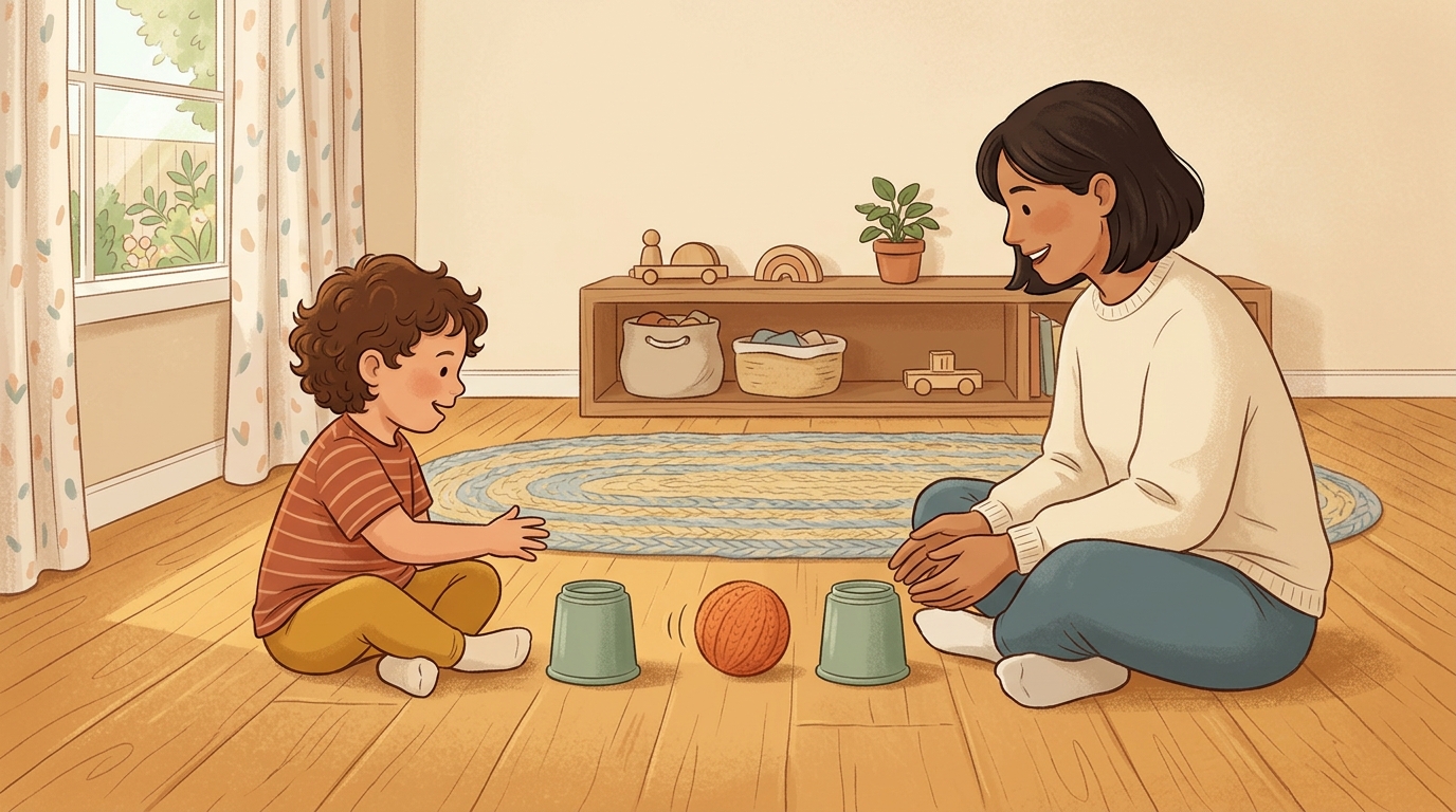 Cartoon illustration of a parent and child at home doing Roll Through The Gate.