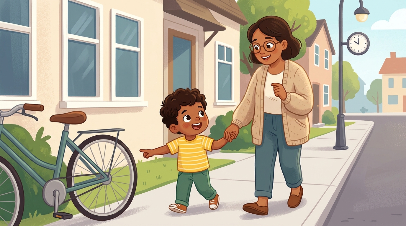 Cartoon illustration of a parent and child at home doing Shape Walk.