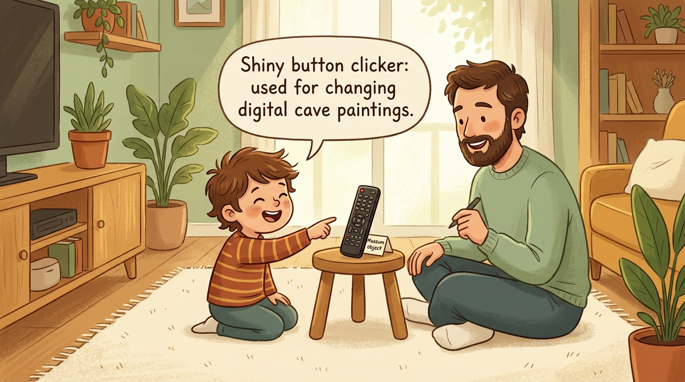 Cartoon illustration of a parent and child at home doing Future Museum Label.
