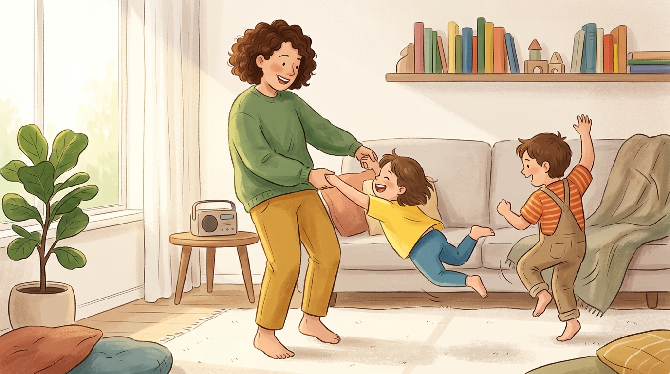 Cartoon illustration of a parent and child at home doing One Song Dance.