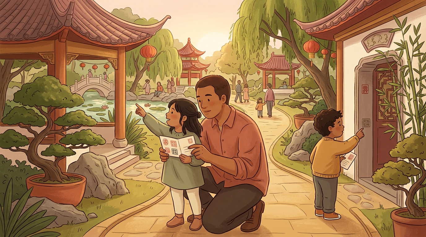 Cartoon illustration of a parent and child at home doing Stamp Meets Landmark.