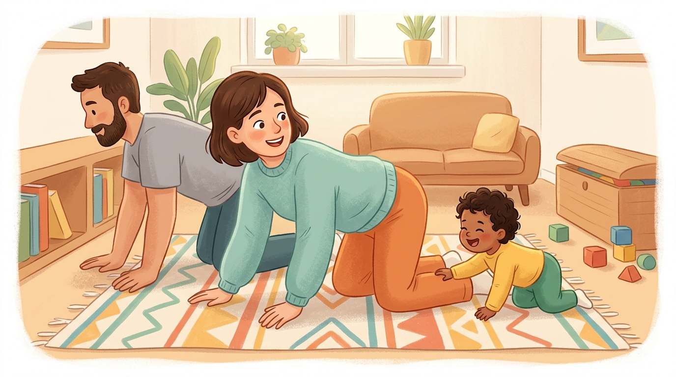 Cartoon illustration of a parent and child at home doing Follow the Leader.