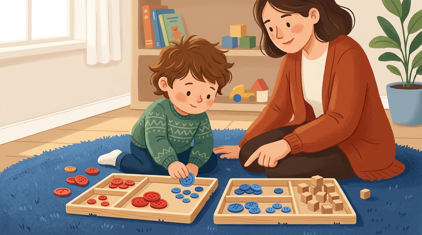 Cartoon illustration of a parent and child at home doing Two-Rule Sorting Lab.