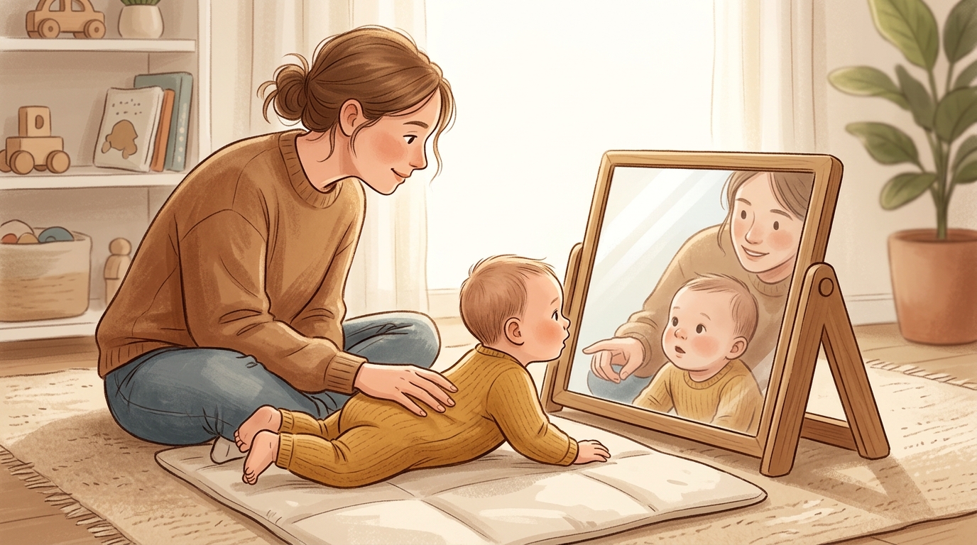 Cartoon illustration of a parent and child at home doing Mirror Self-Gaze.