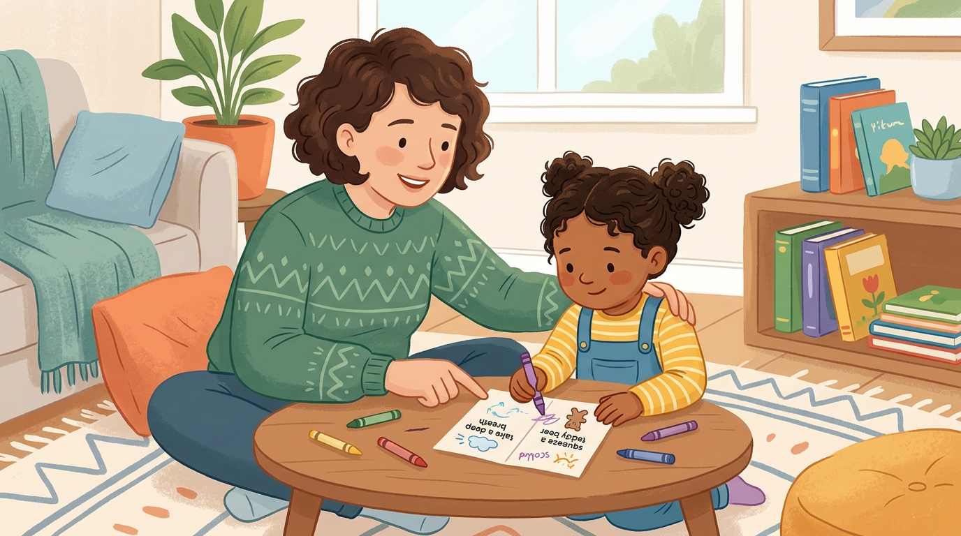 Cartoon illustration of a parent and child at home doing My Calm-Down Plan.