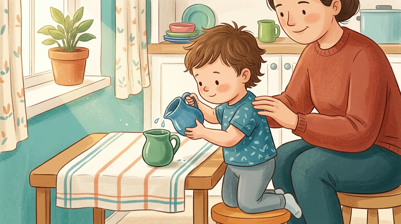 Cartoon illustration of a parent and child at home doing Two-Jug Pouring.