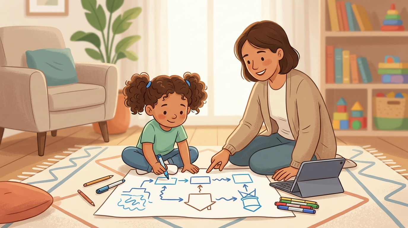 Cartoon illustration of a parent and child at home doing Map How It Works.