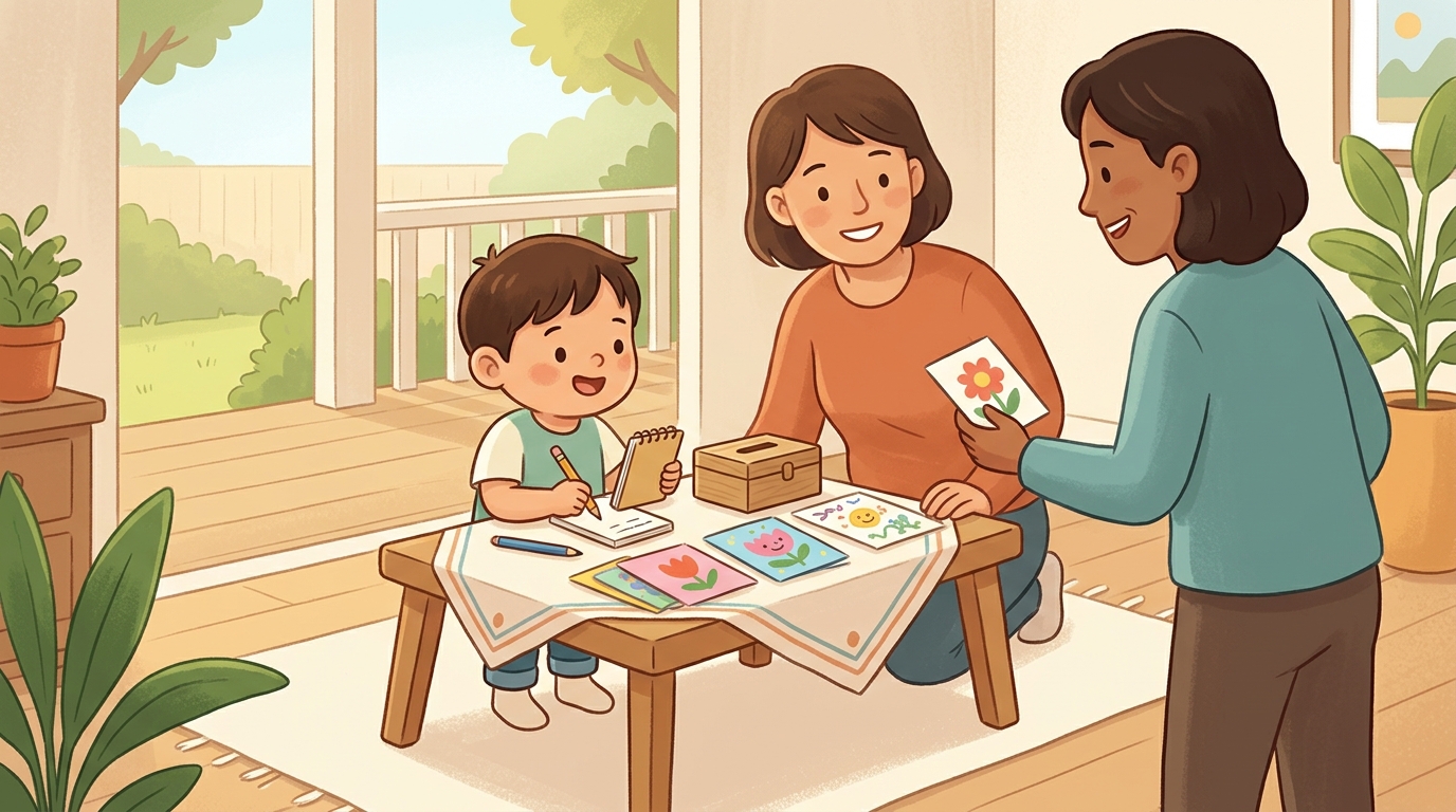 Cartoon illustration of a parent and child at home doing Weekend Microbusiness.