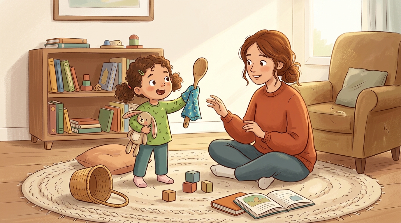 Cartoon illustration of a parent and child at home doing Story Reenactment.