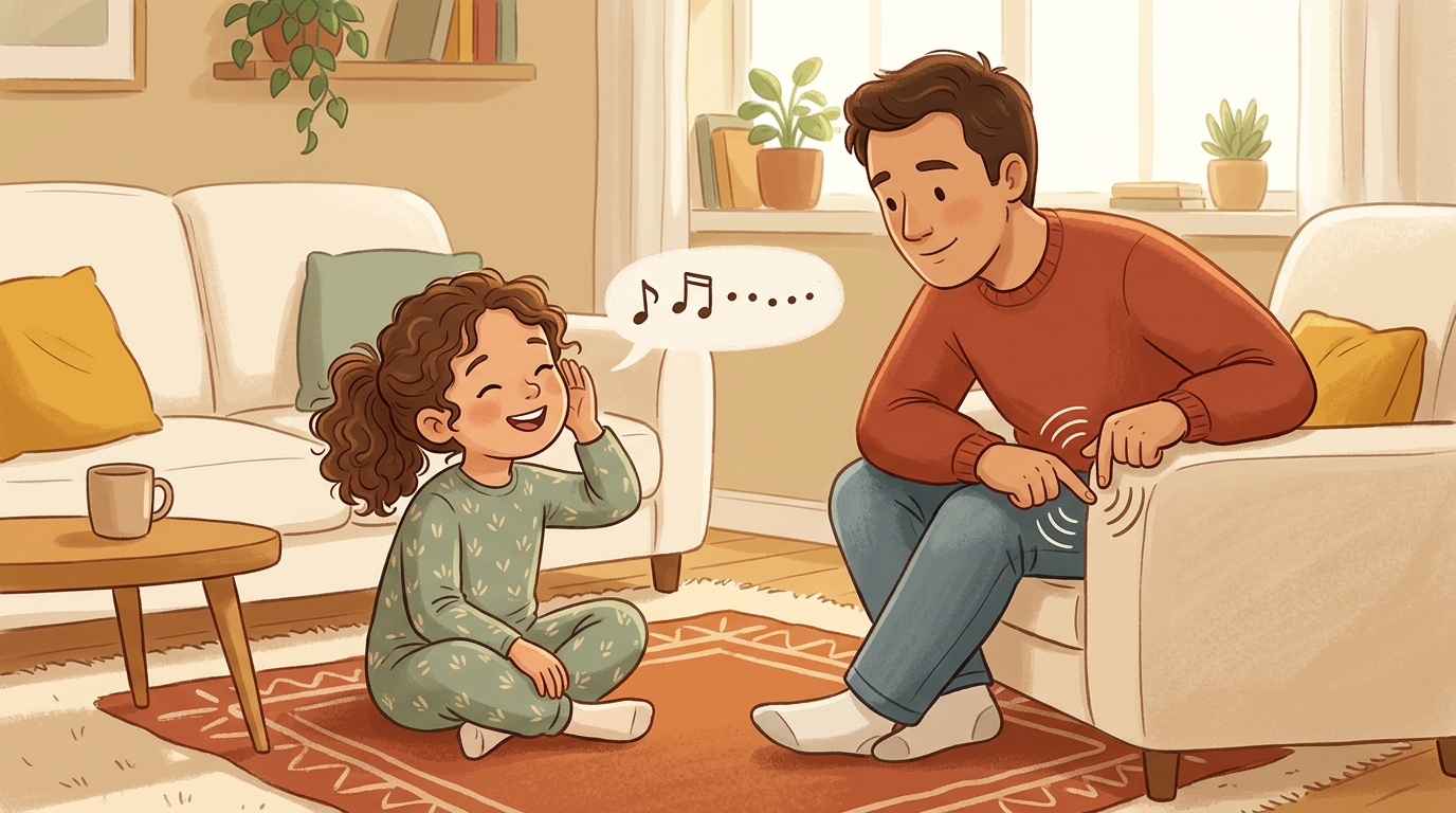 Cartoon illustration of a parent and child at home doing Lyrics Or Melody.