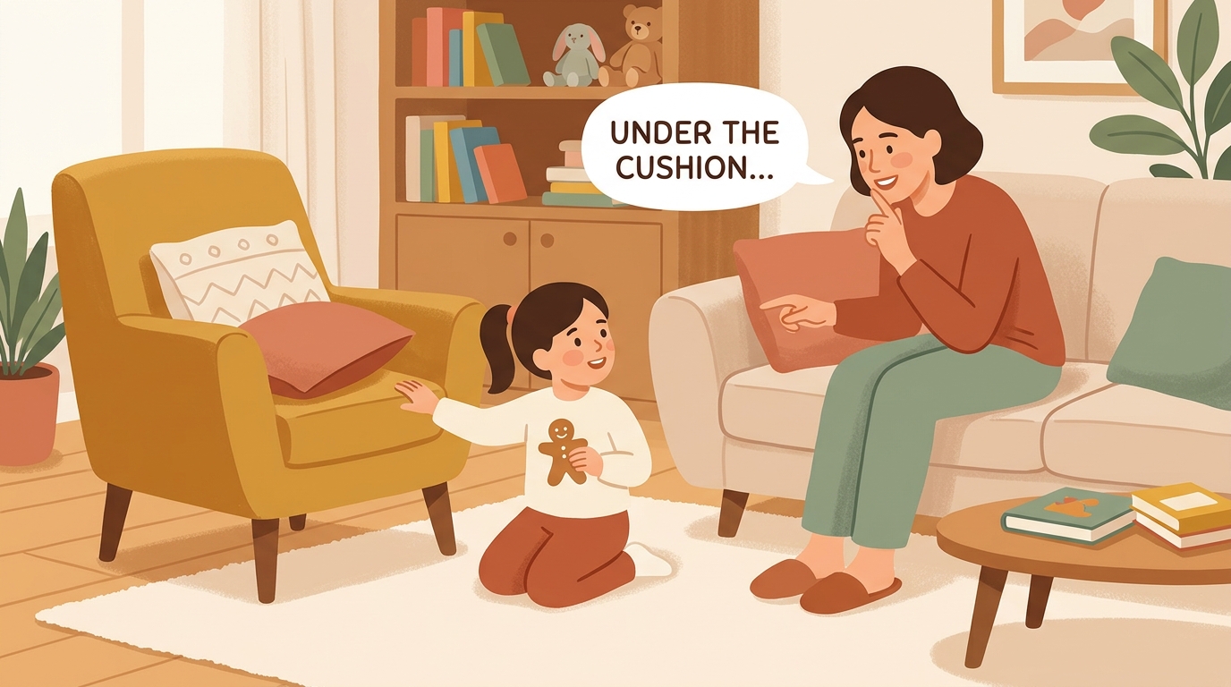 Cartoon illustration of a parent and child at home doing Where Did Gingerbread Hide.