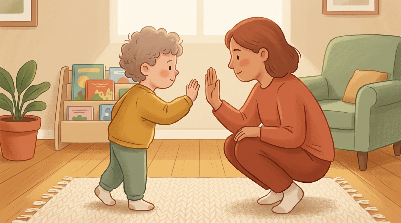 Cartoon illustration of a parent and child at home doing Slow Motion High Five.