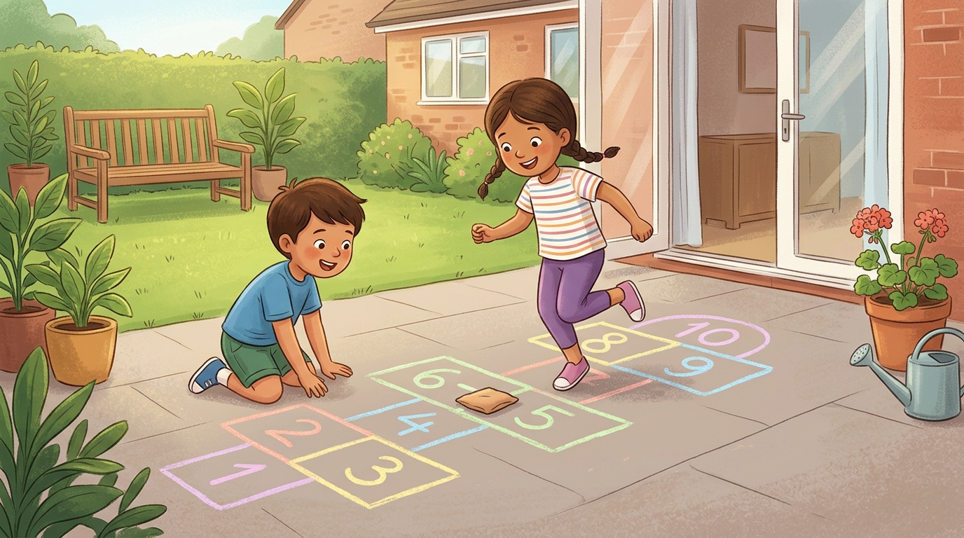 Cartoon illustration of a parent and child at home doing Hopscotch.
