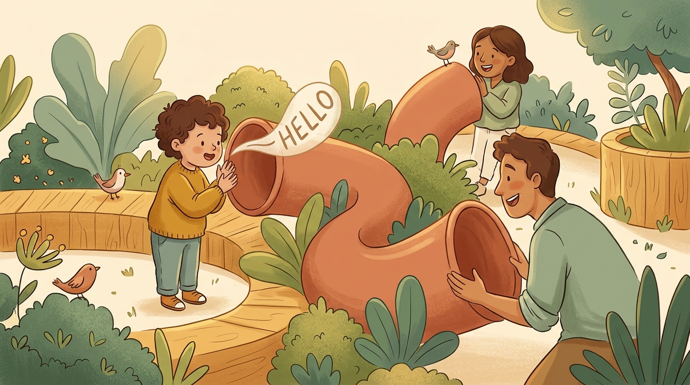 Cartoon illustration of a parent and child at home doing Echo Gets The Last Word.