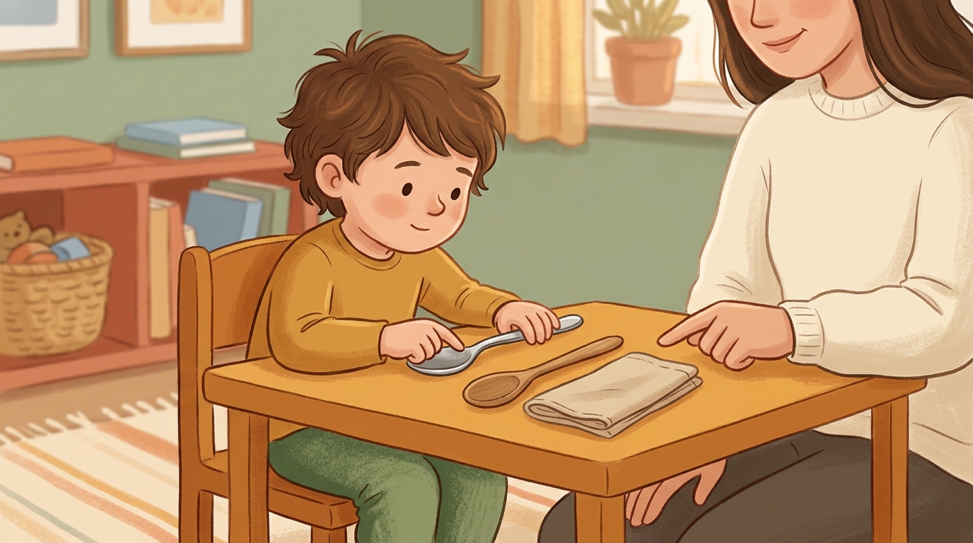 Cartoon illustration of a parent and child at home doing Material Trio Test.