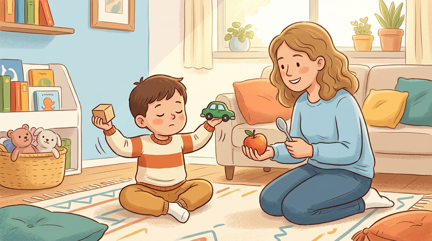 Cartoon illustration of a parent and child at home: hold one object in each hand and guess which is heavier before testing it.