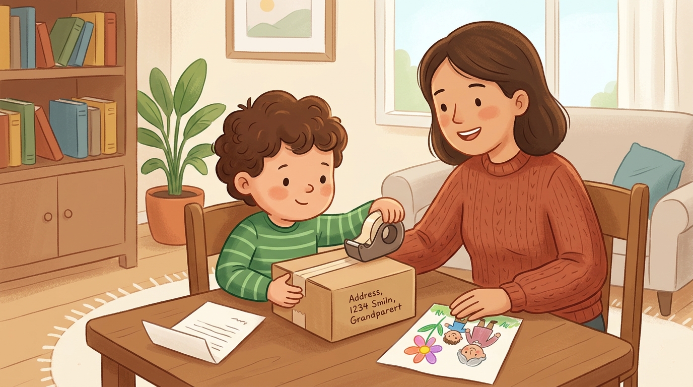 Cartoon illustration of a parent and child at home: pack and address a small parcel or drawing to post to a grandparent or friend.