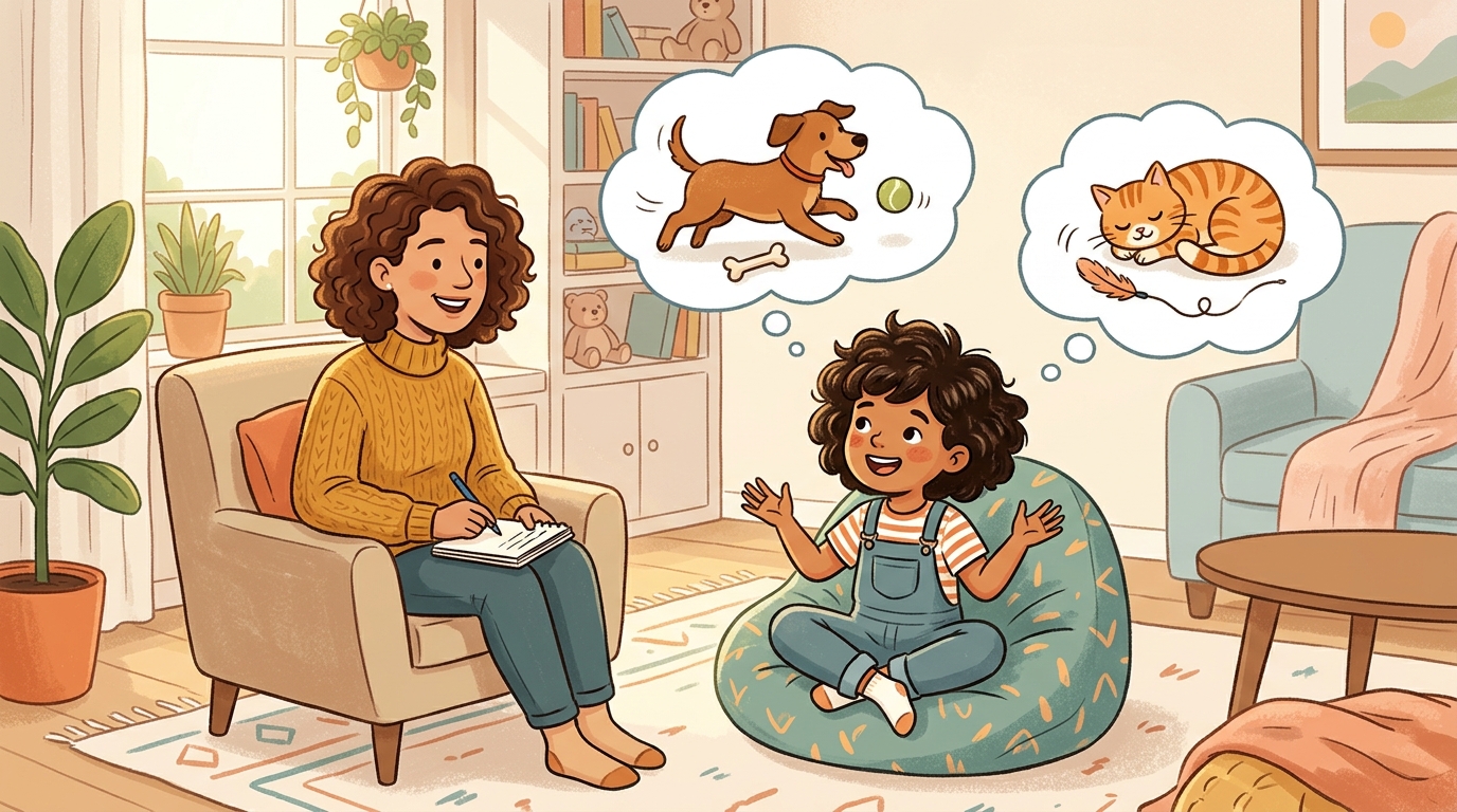 Cartoon illustration of a parent and child at home doing Two Sides Debate Prep.