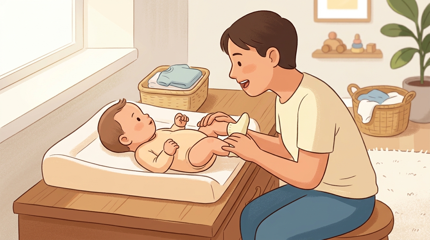 Cartoon illustration of a parent and child at home doing Narrated Care Moments.