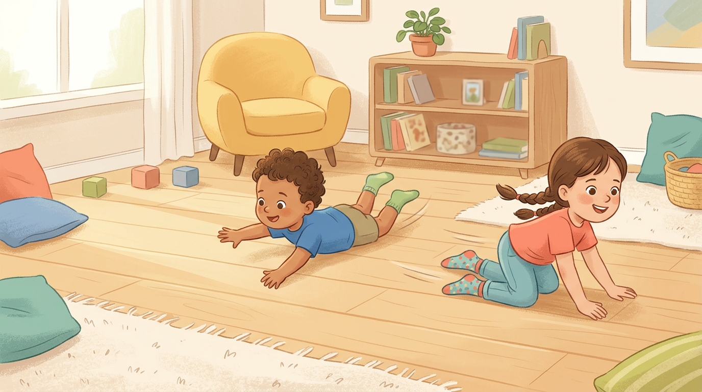 Cartoon illustration of a parent and child at home: slide across hard floors in socks with timed runs and obstacles added each round.