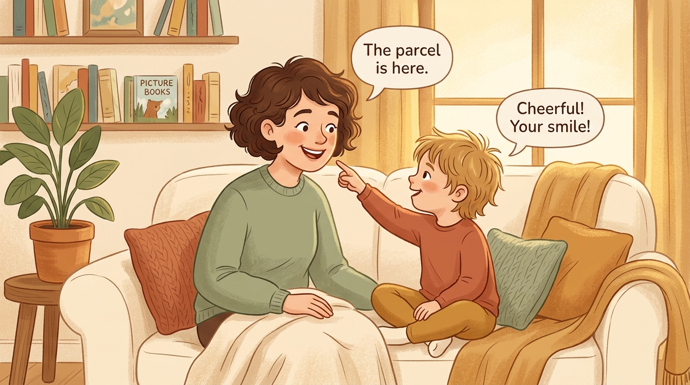 Cartoon illustration of a parent and child at home doing Grumpo Face-Off.