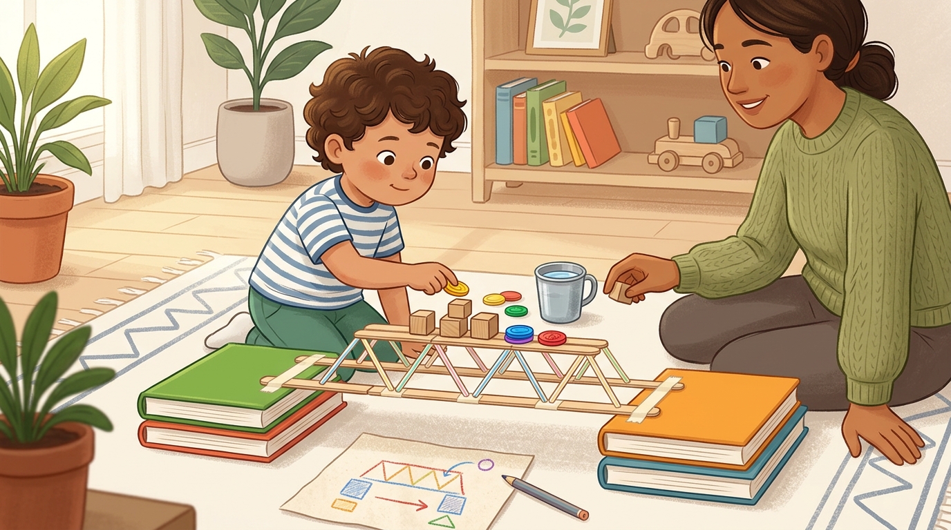 Cartoon illustration of a parent and child at home doing Bridge Load Challenge.