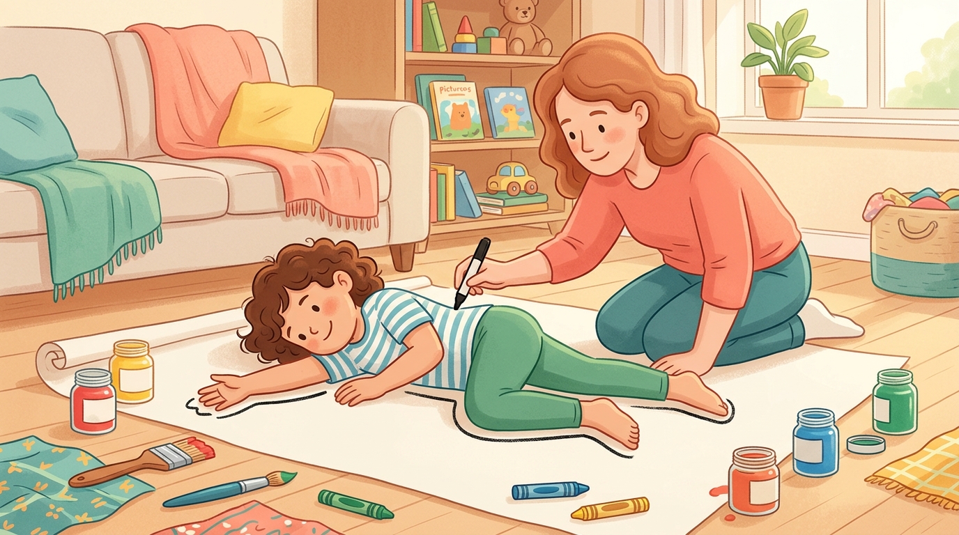 Cartoon illustration of a parent and child at home doing Body Outline Art.