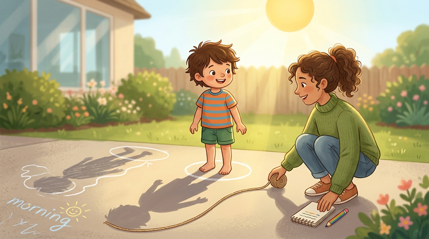 Cartoon illustration of a parent and child outdoors doing Shadow Length Experiment.
